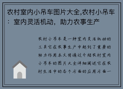 农村室内小吊车图片大全,农村小吊车：室内灵活机动，助力农事生产